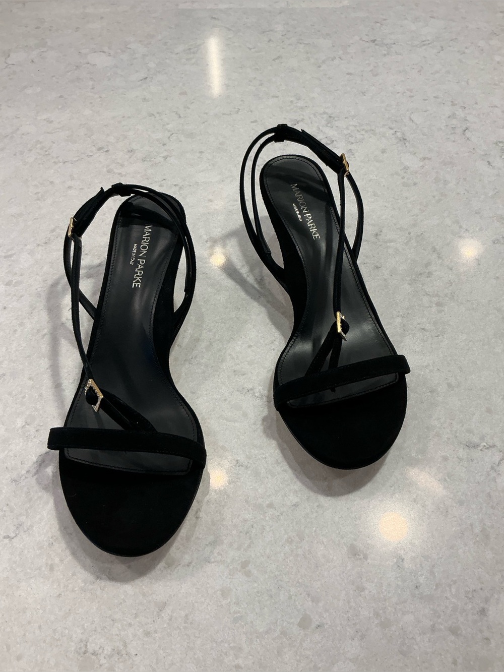 Mario Parke Black Suede Strappy Slingback Heels box included